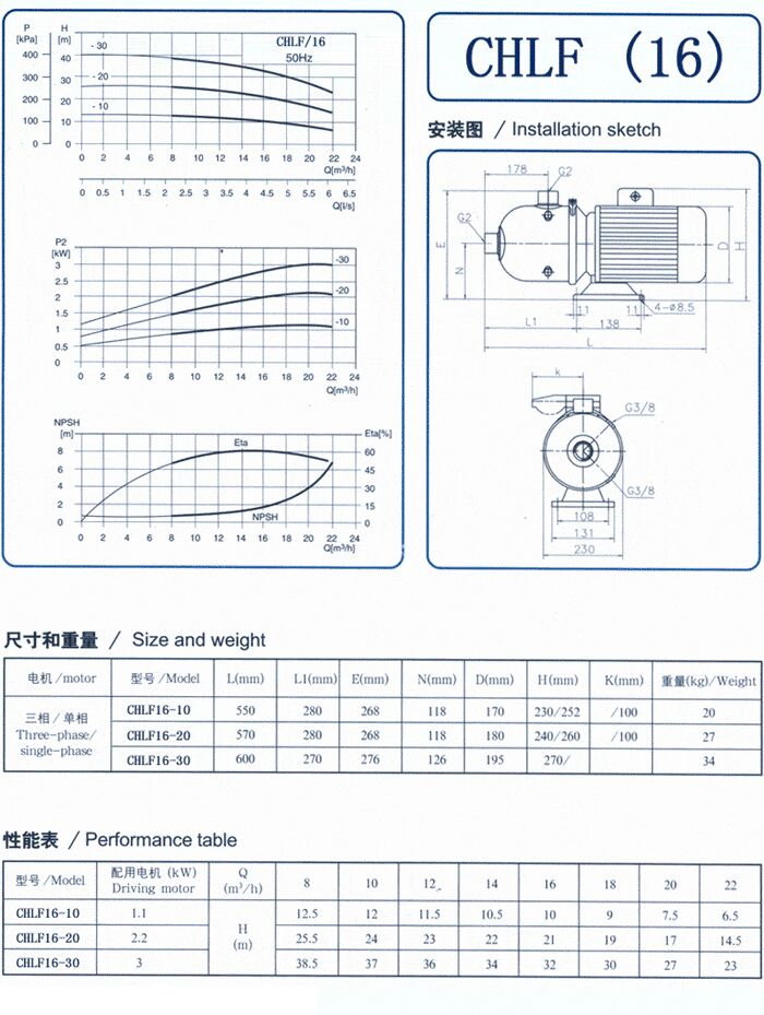CHLF輕型不銹鋼多級離心泵尺寸和重量、性能表